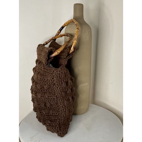 Handmade Crochet Chunky Knit Boho Brown Hand Bag 70s Grannycore Bamboo Handles - Picture 4 of 10